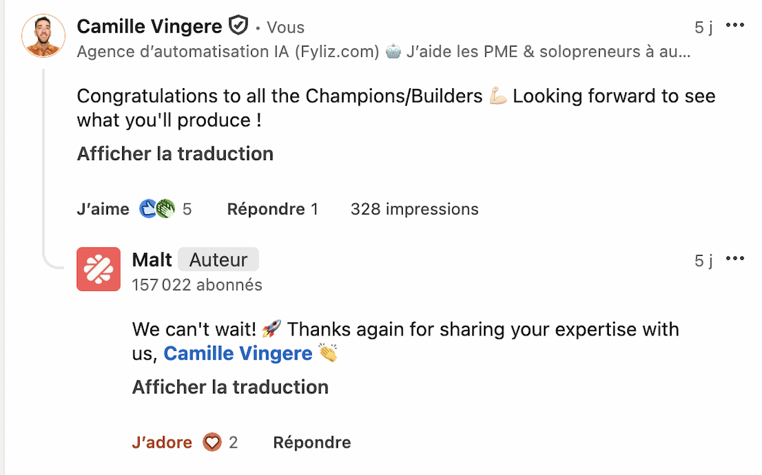 Malt félicite Camille Vingere pour sa conférence IA